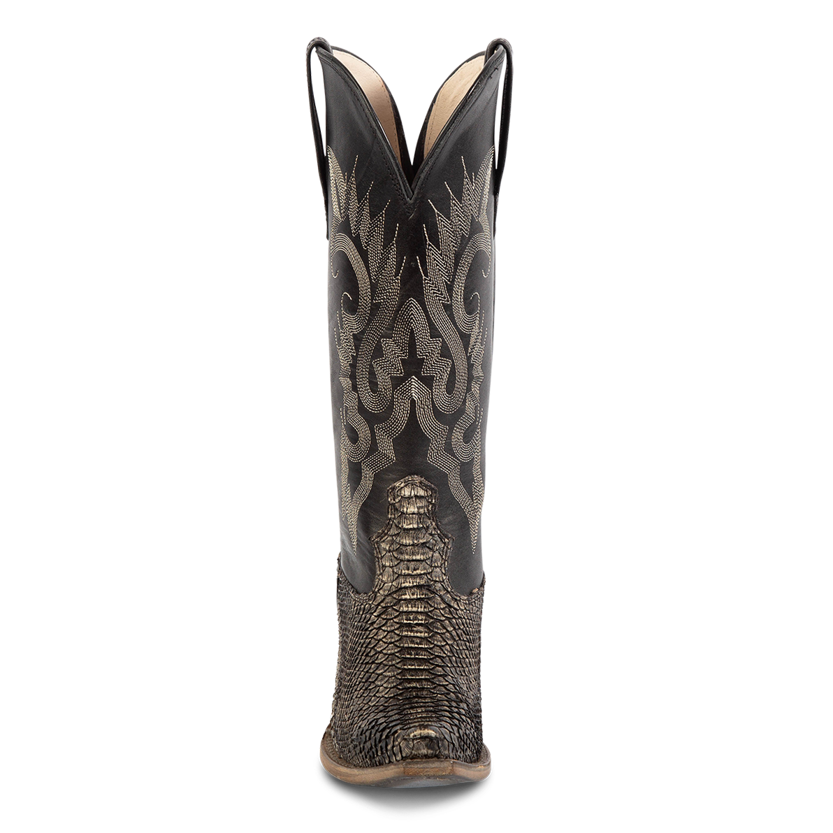 Front view showing western stitch detailing and front dip on FREEBIRD women's Woodland grey python multi leather boot