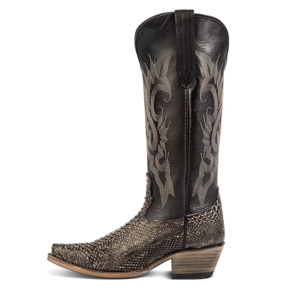 Side view showing leather pull straps and western stitch detailing on FREEBIRD women's Woodland grey python multi leather boot
