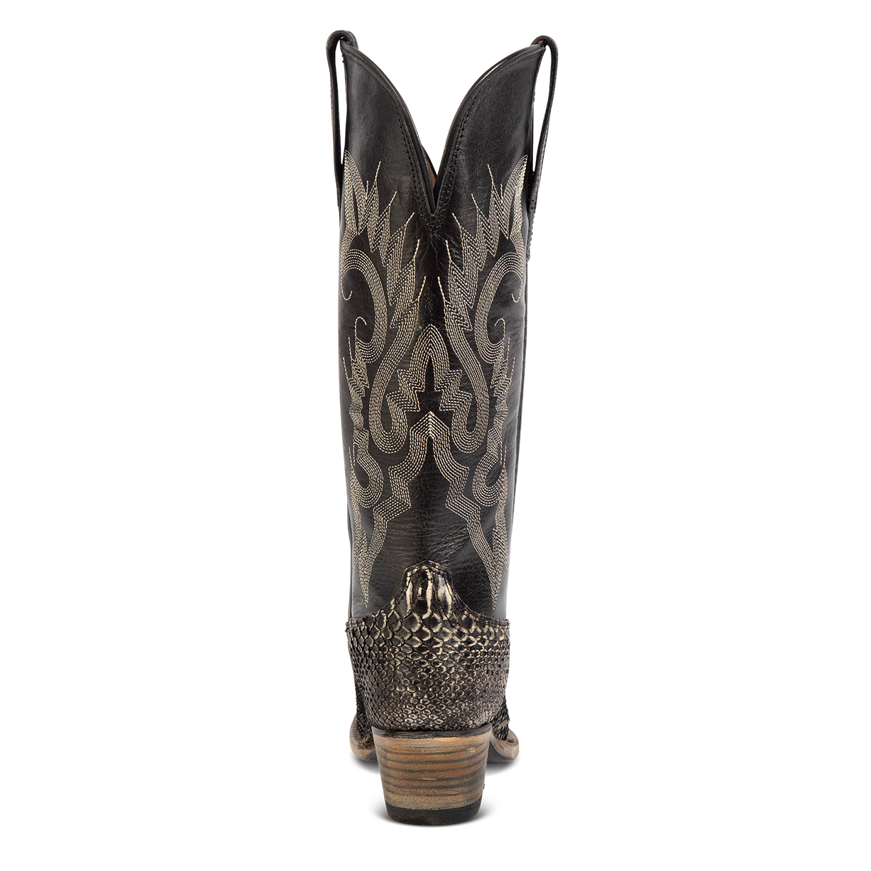 Back view showing back dip and leather heel with western stitch detailing on FREEBIRD women's Woodland grey python multi leather boot