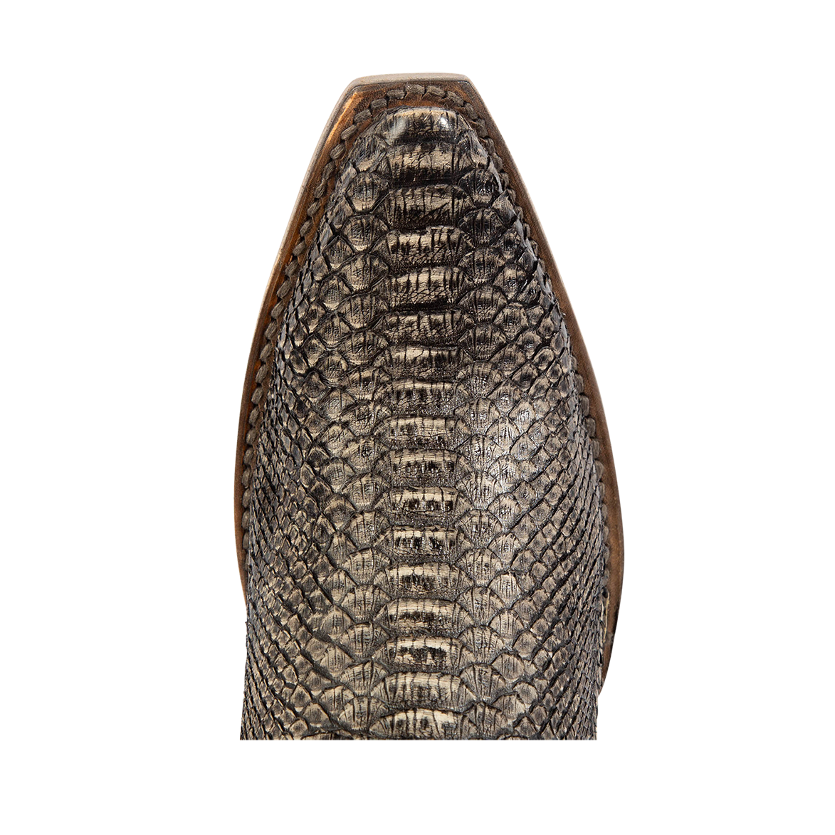 Top view showing snip toe construction with stitch detailing on FREEBIRD women's Woodland grey python multi leather boot