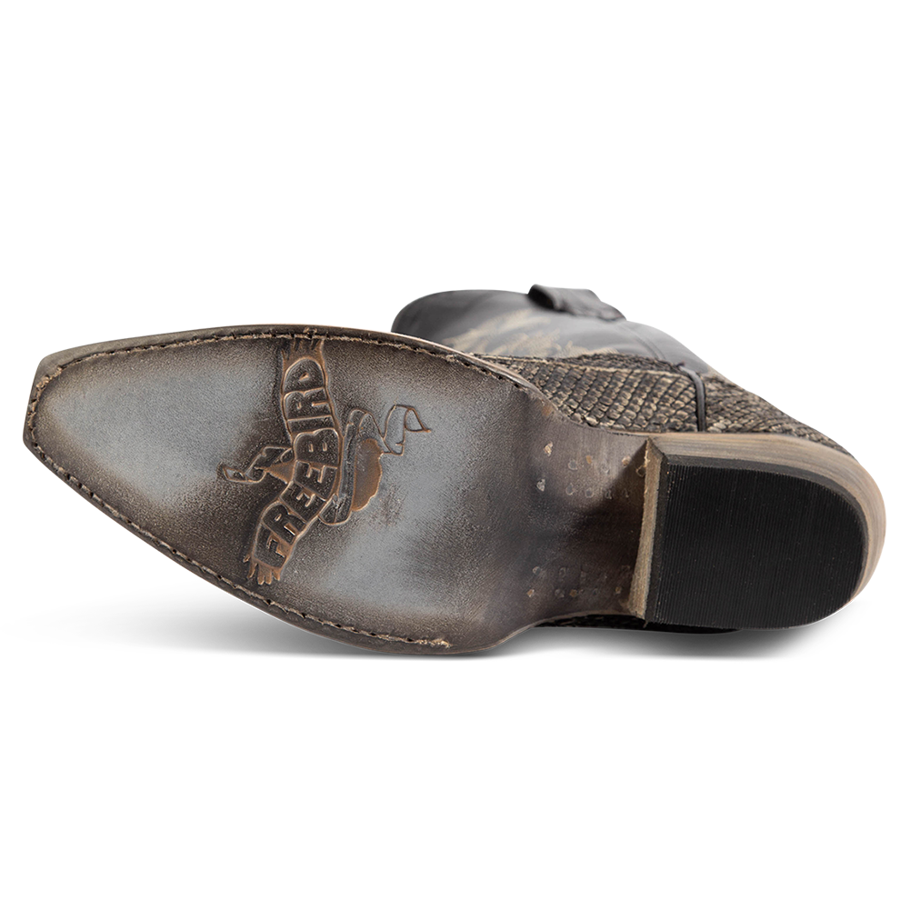 Leather sole imprinted with FREEBIRD on women's Woodland grey python multi leather boot