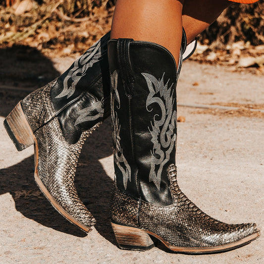 FREEBIRD women's Woodland grey python multi leather cowboy boot with stitch detailing and snip toe construction
