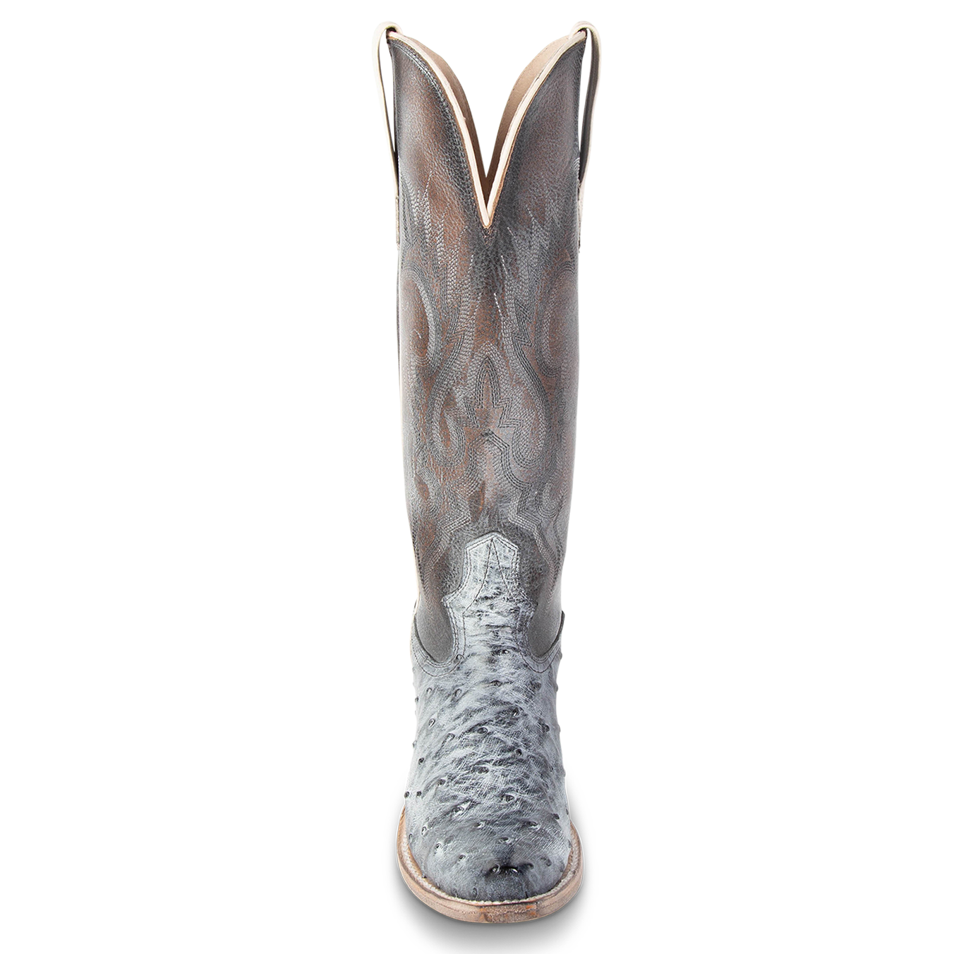 Front view showing western stitch detailing and front dip on FREEBIRD women's Woodland ice ostrich leather boot
