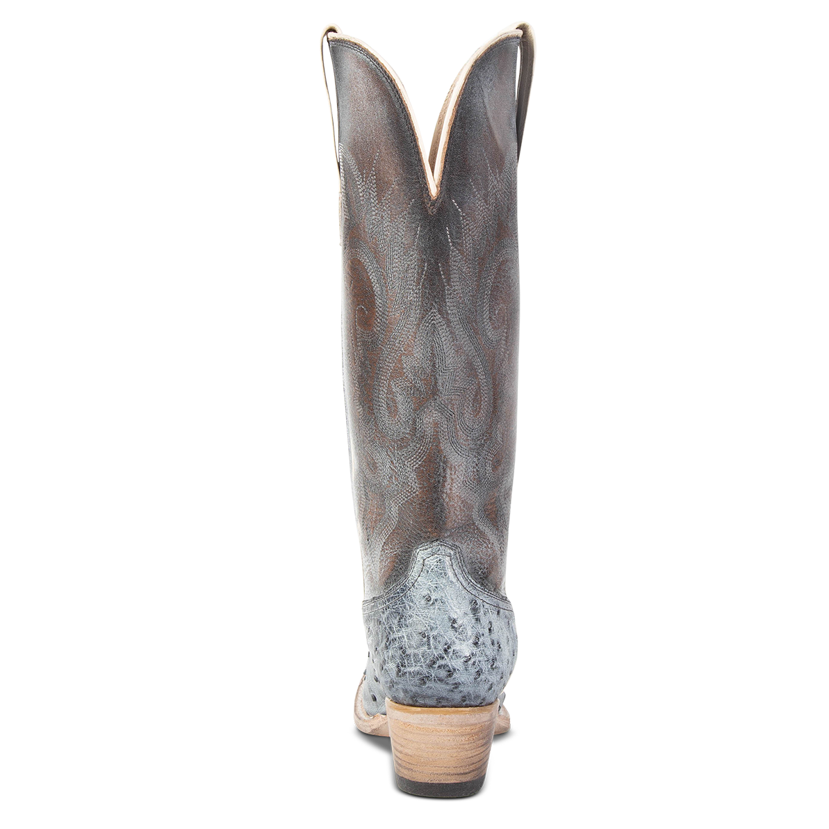 Back view showing back dip and leather heel with western stitch detailing on FREEBIRD women's Woodland ice ostrich leather boot