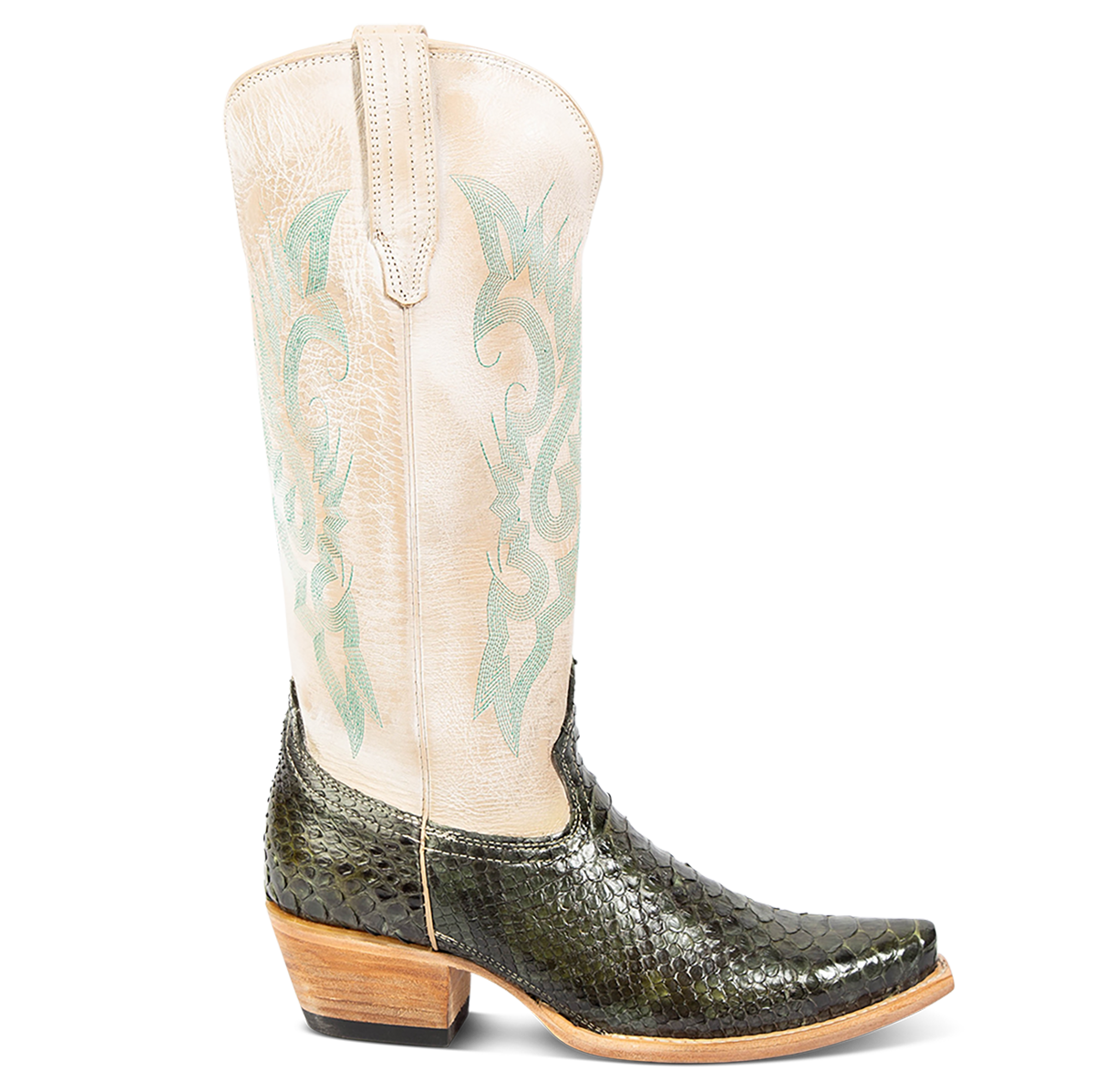 FREEBIRD women's Woodland olive python multi leather cowboy boor with stitch detailing and snip toe construction
