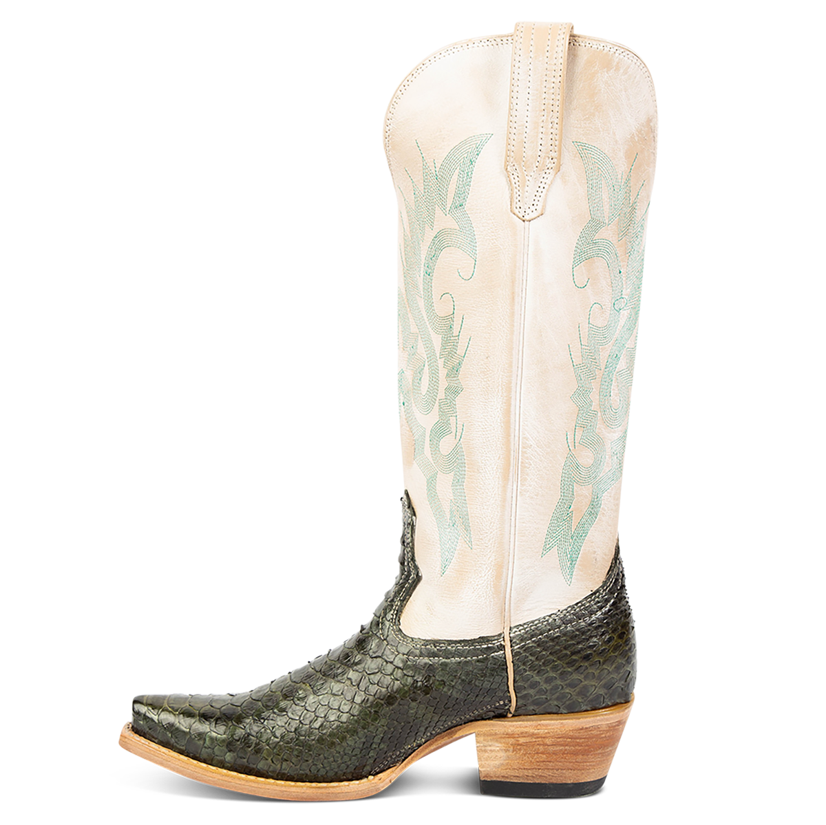 Side view showing leather pull straps and western stitch detailing on FREEBIRD women's Woodland olive python multi leather boot 