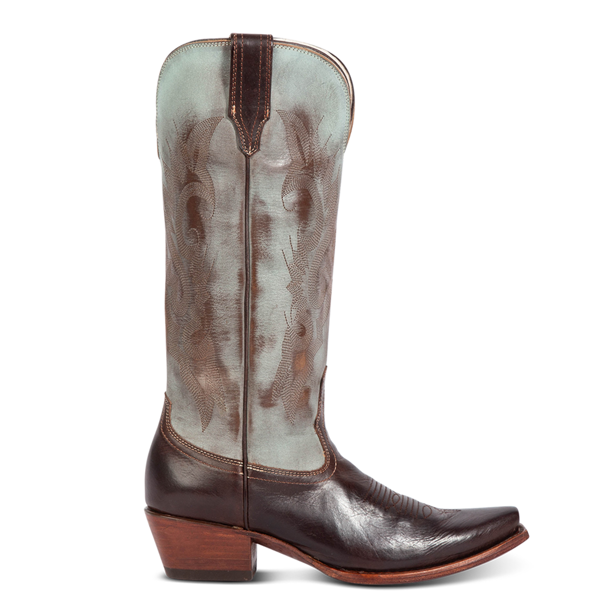FREEBIRD women's WOODLAND patina multi leather western boots featuring a snip toe, decorative stitching, and traditional pull straps 