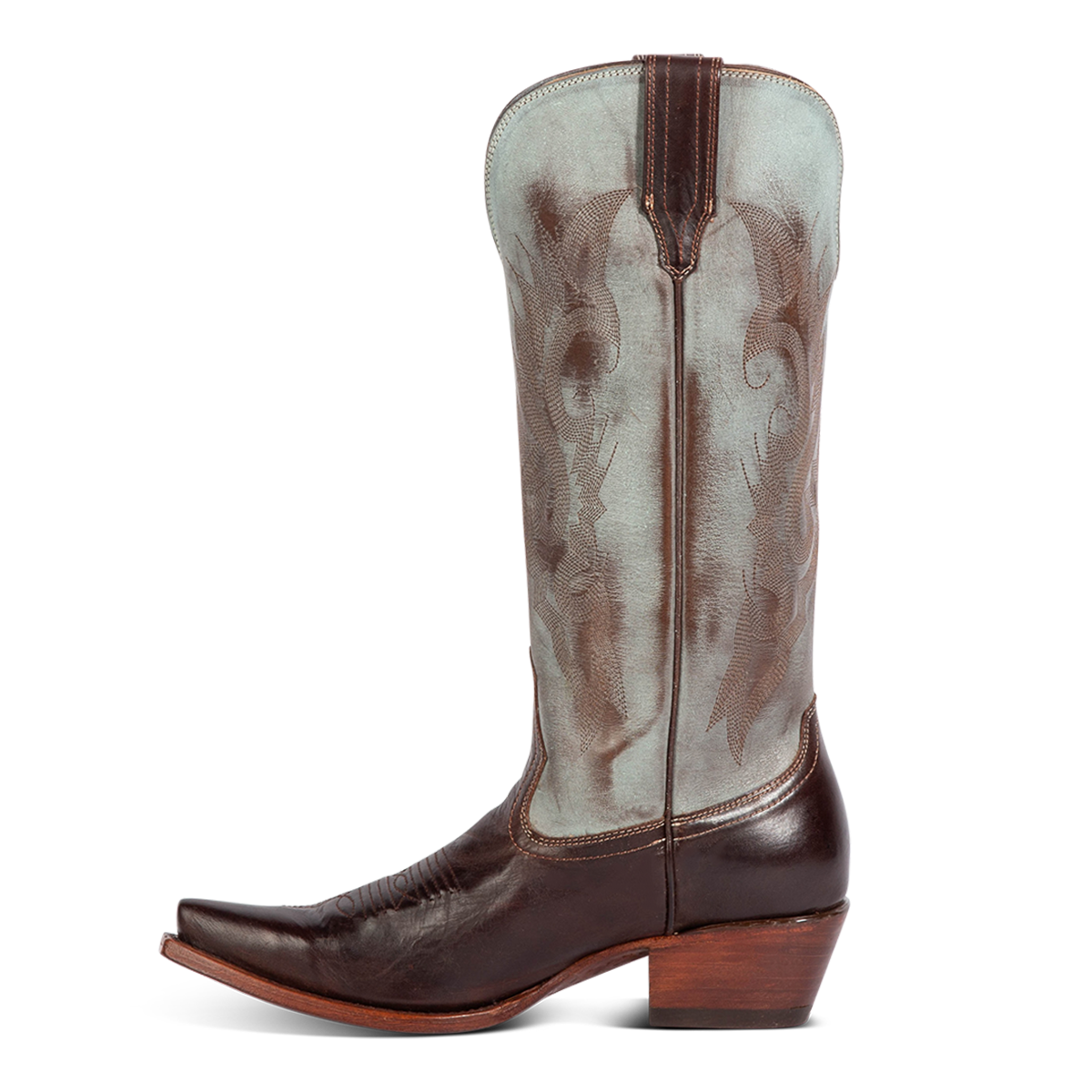 Side view showing FREEBIRD women's WOODLAND patina multi leather western boots featuring a snip toe, decorative stitching, and traditional pull straps