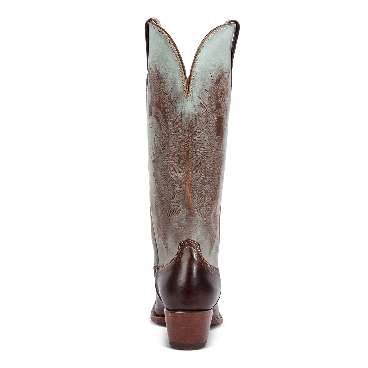 Back view showing FREEBIRD women's WOODLAND patina multi leather western boots featuring a snip toe, decorative stitching, and traditional pull straps on a lifted heel
