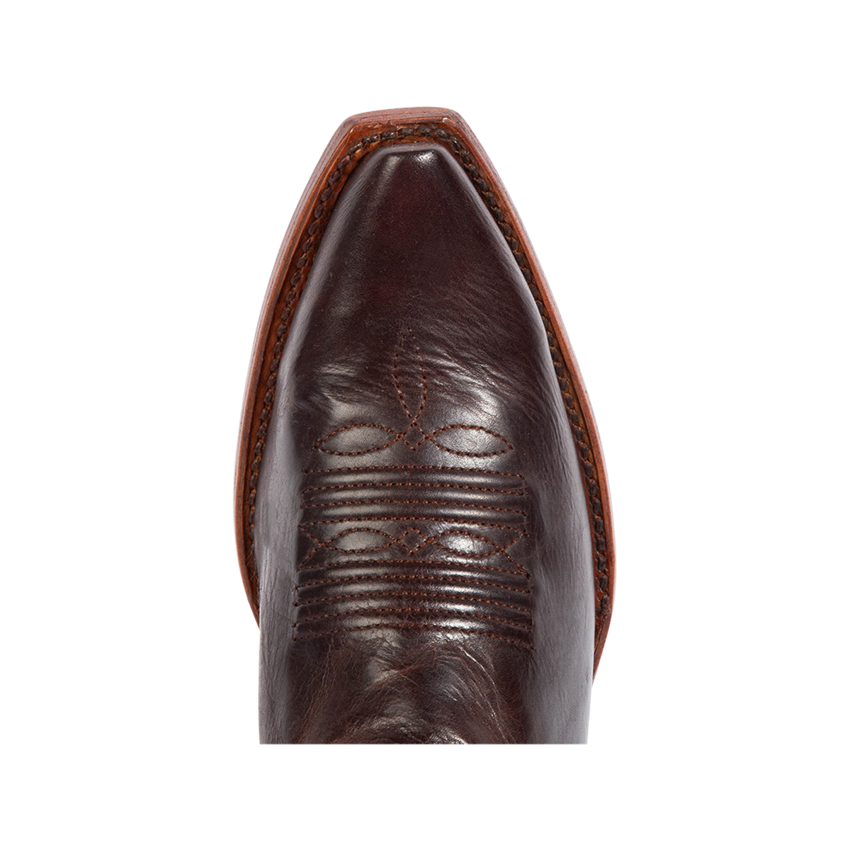 Top view showing tooled leather detailing on FREEBIRD women's Woodland patina multi leather Western boot