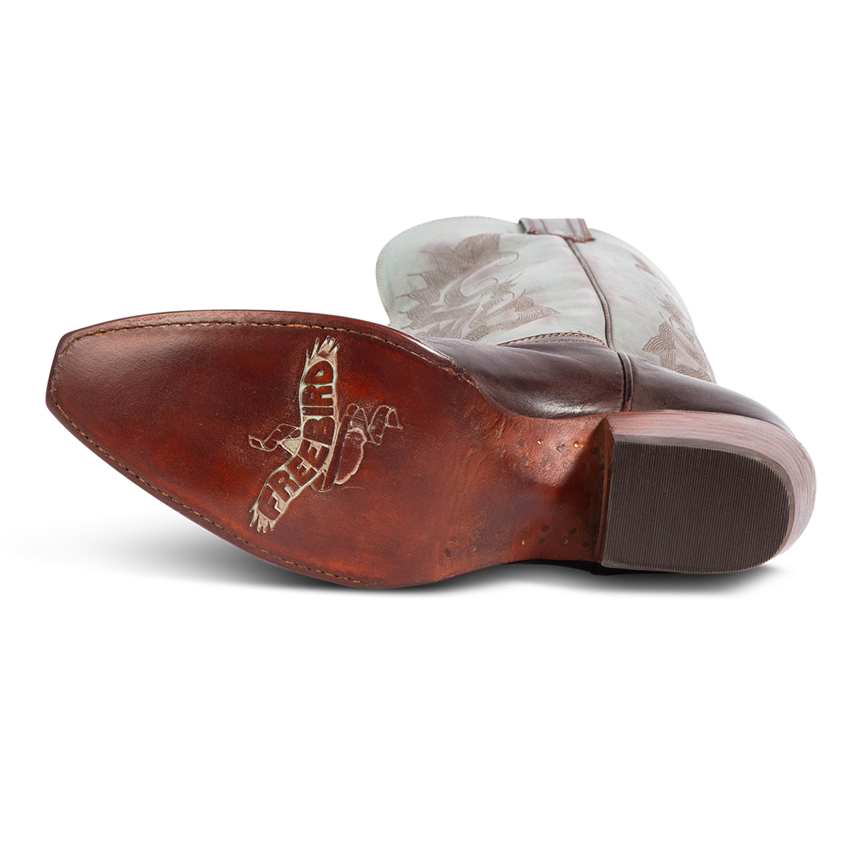 Leather sole imprinted with FREEBIRD on women's Woodland patina multi leather Western boot