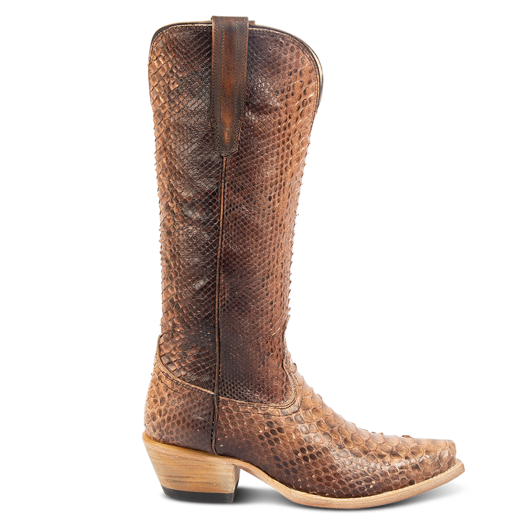 FREEBIRD women's Woodland peach python leather cowboy boot with stitch detailing and snip toe construction