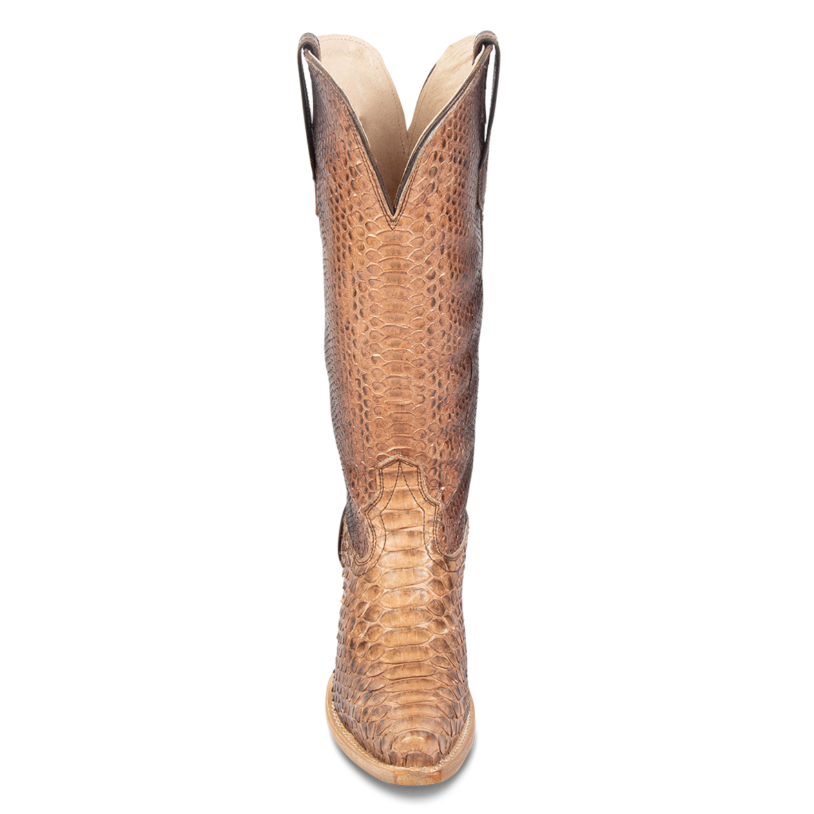 Front view showing western stitch detailing and front dip on FREEBIRD women's Woodland peach python leather boot
