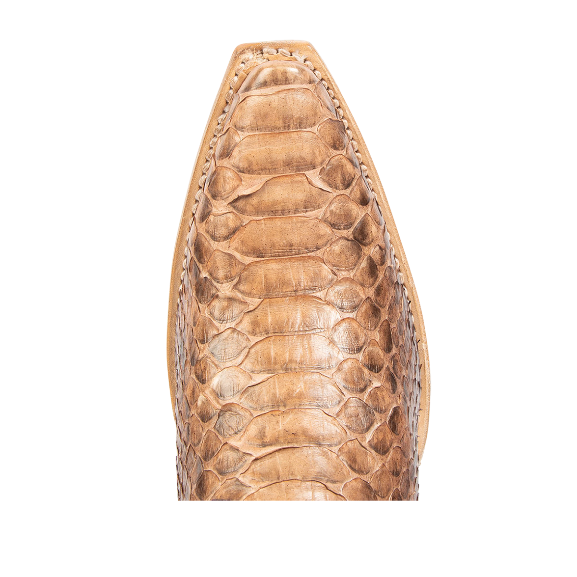 Top view showing snip toe construction with stitch detailing on FREEBIRD women's Woodland peach python leather boot