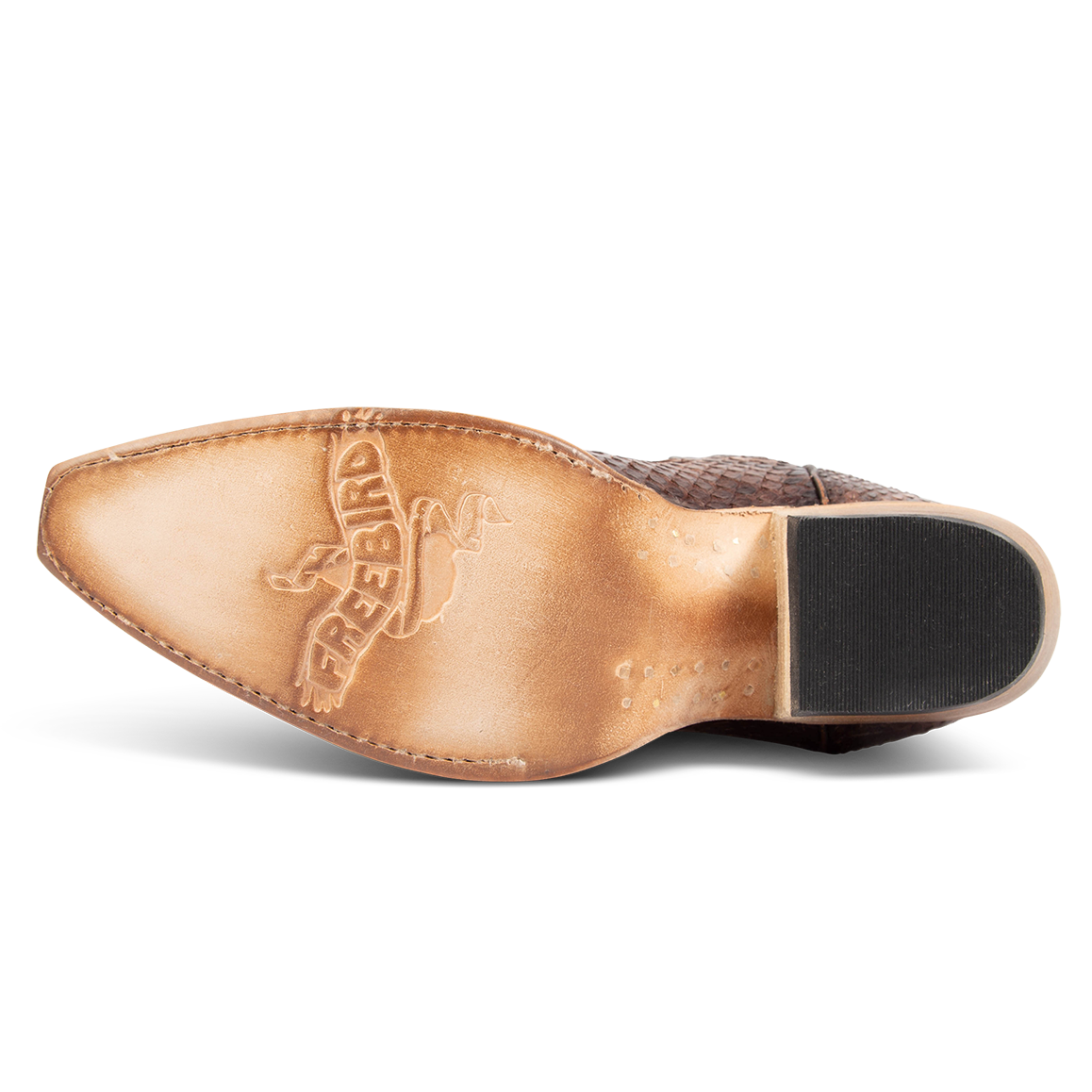 Leather sole imprinted with FREEBIRD on women's Woodland peach python leather boot