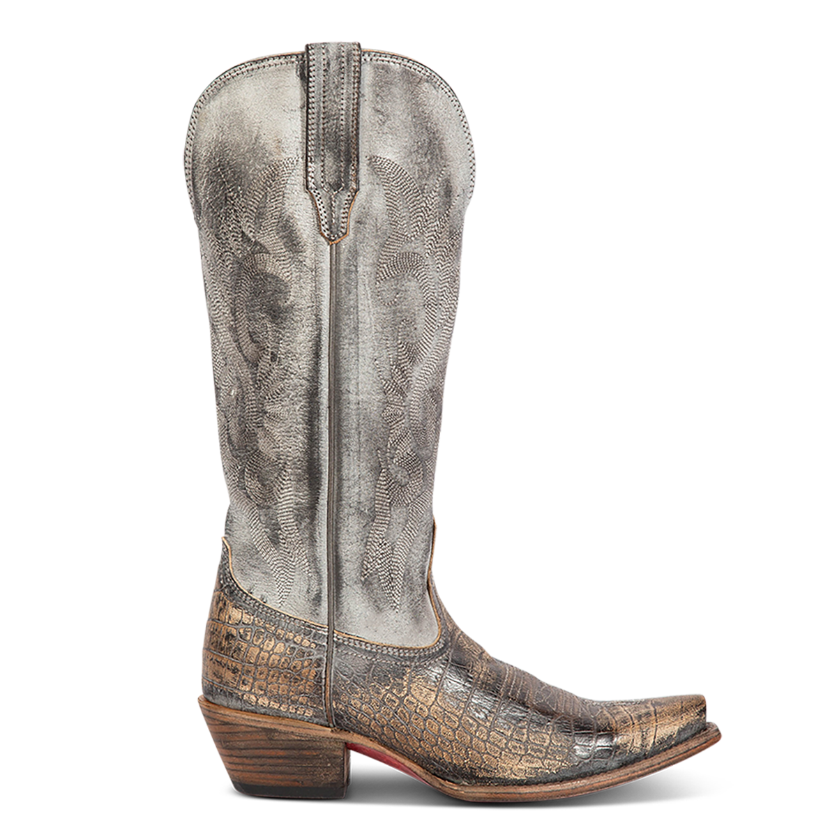 FREEBIRD women's WOODLAND pewter croco multi leather western boots featuring a snip toe, decorative stitching, and traditional pull straps 