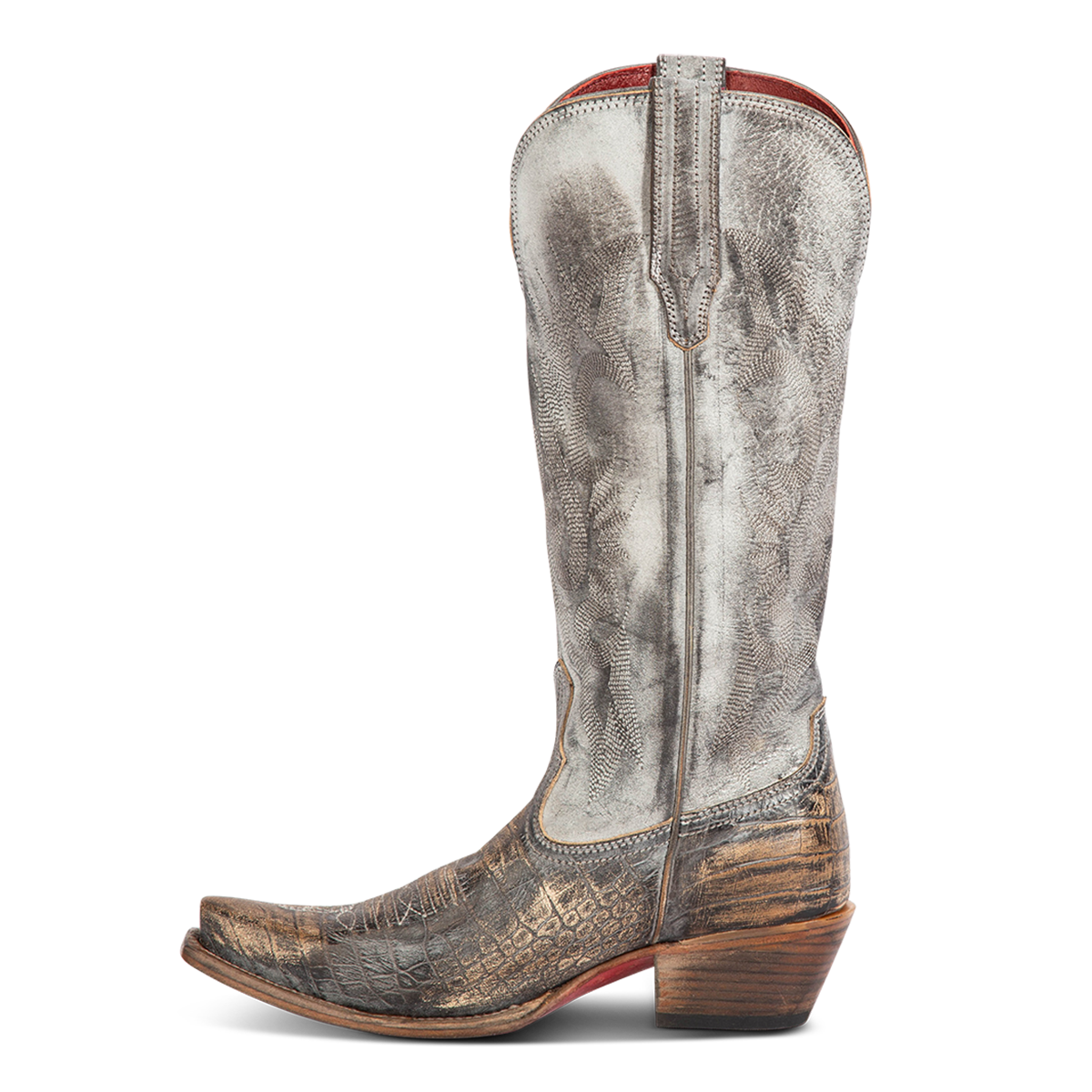 Side view showing FREEBIRD women's WOODLAND pewter croco multi leather western boots featuring a snip toe, decorative stitching, and traditional pull straps