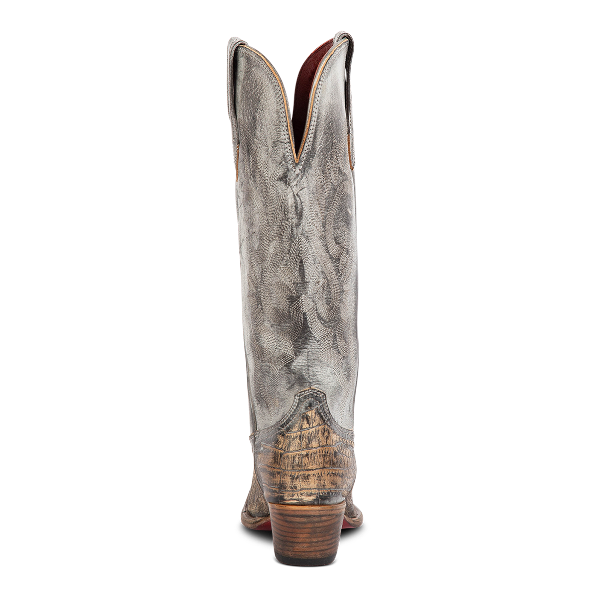 Back view showing FREEBIRD women's WOODLAND pewter croco multi leather western boots featuring a snip toe, decorative stitching, and traditional pull straps on a lifted heel