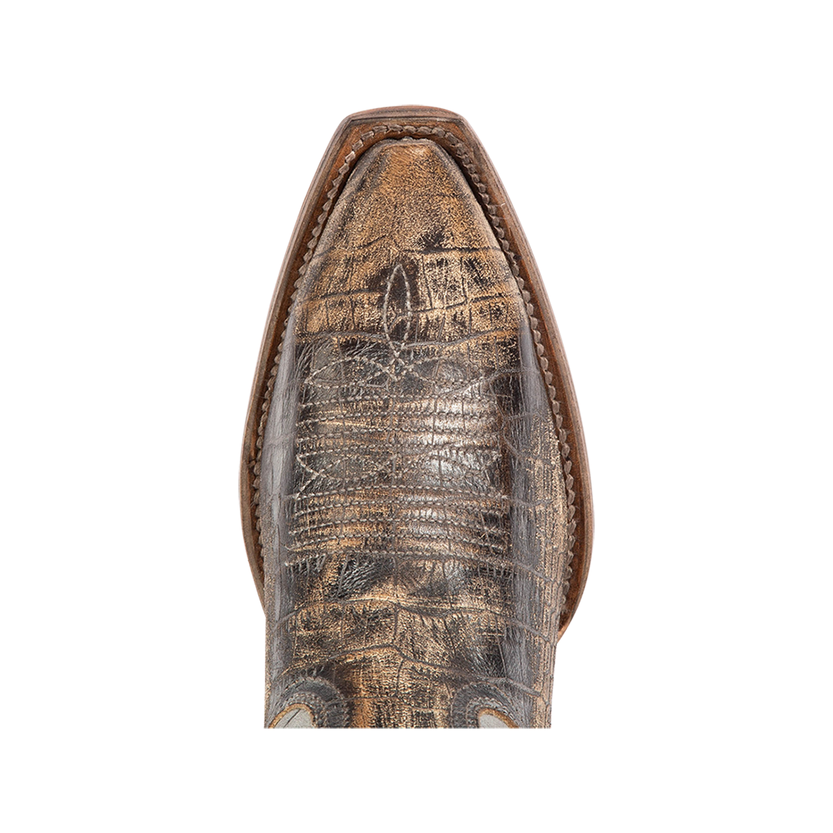 Top view showing tooled leather detailing on FREEBIRD women's Woodland pewter croco mult leather Western boot