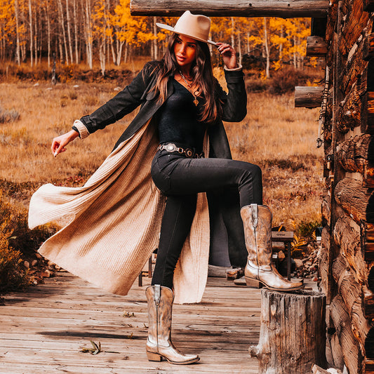 FREEBIRD women's Woodland pewter leather cowboy boot with stitch detailing and snip toe construction lifestyle image