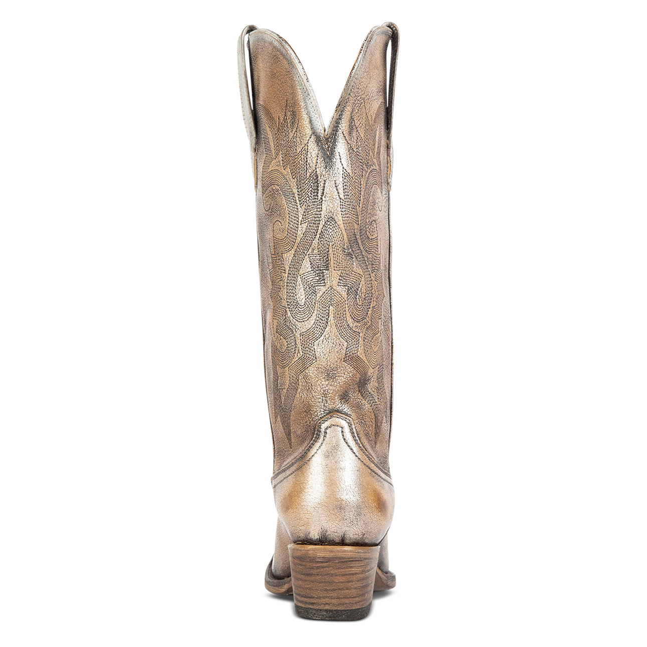 Back view showing back dip and leather heel with western stitch detailing on FREEBIRD women's Woodland pewter leather boot