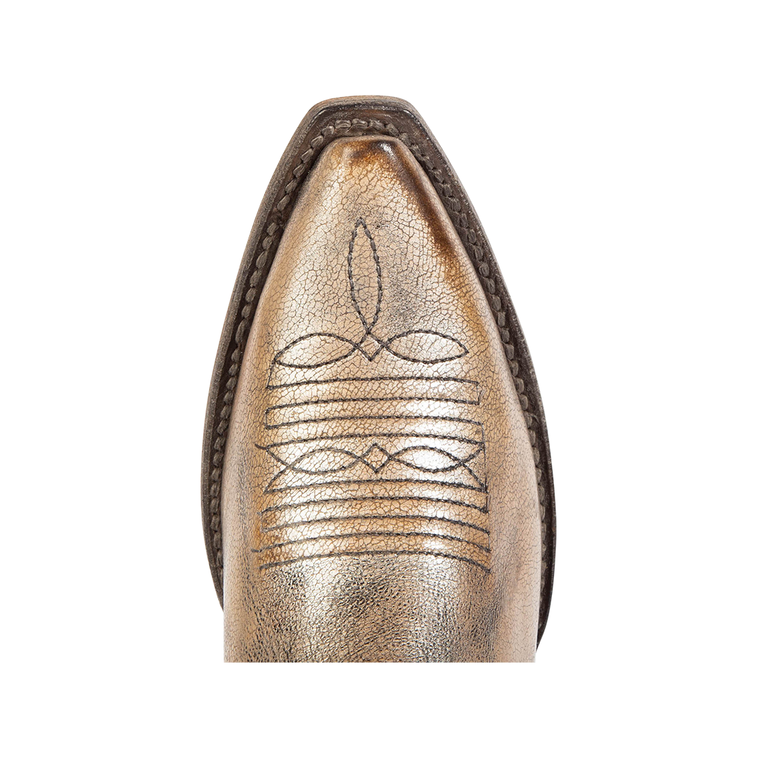 Top view showing snip toe construction with stitch detailing on FREEBIRD women's Woodland pewter leather boot