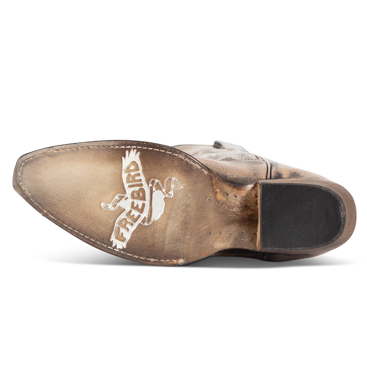 Leather sole imprinted with FREEBIRD on women's Woodland pewter leather boot