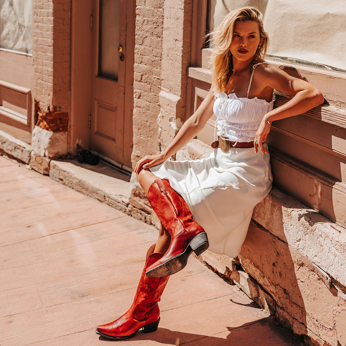 FREEBIRD women's Woodland red leather cowboy boot with stitch detailing and snip toe construction lifestyle image