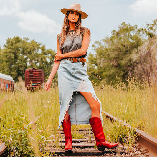 FREEBIRD women's Woodland red leather cowboy boot with stitch detailing and snip toe construction lifestyle