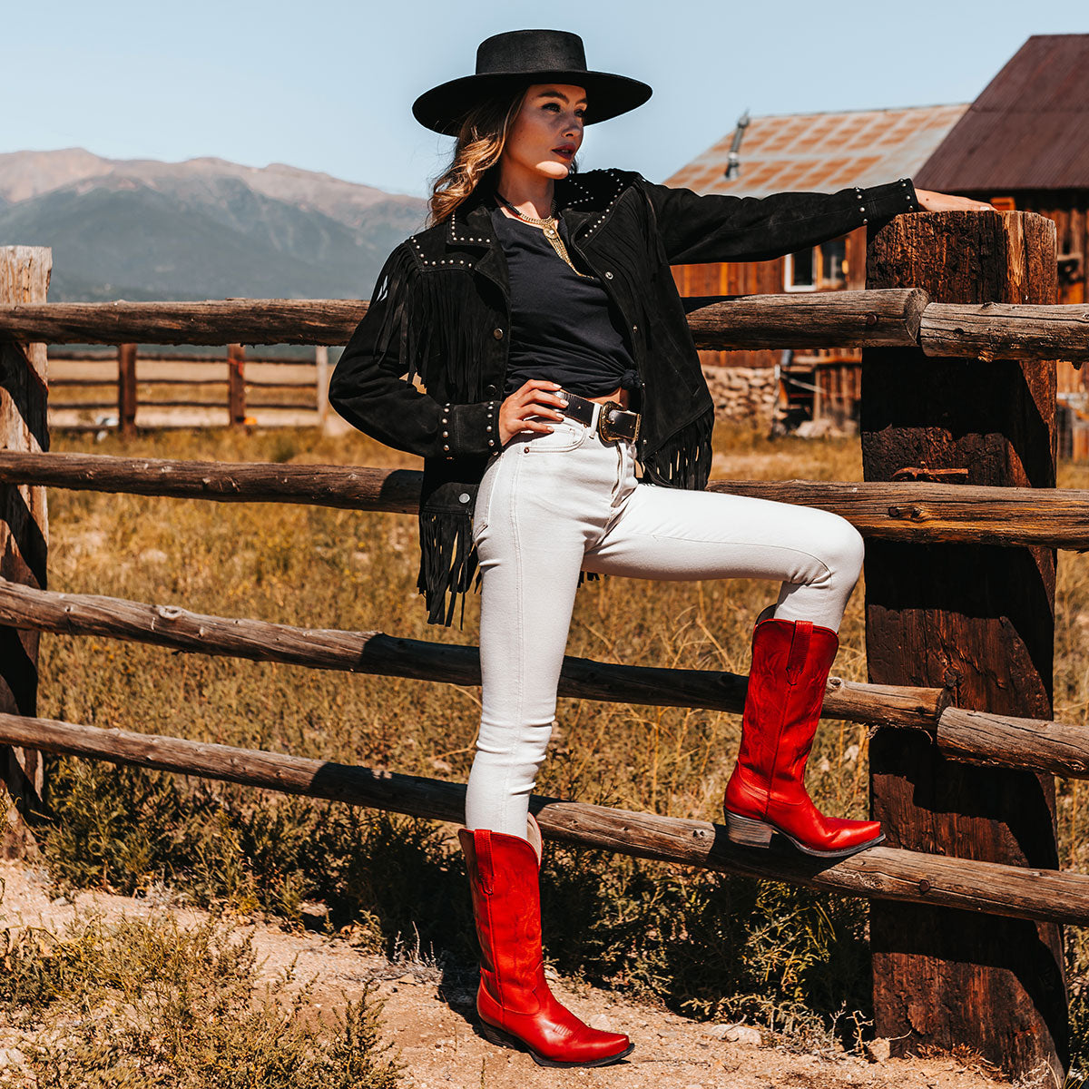 FREEBIRD women's Woodland red leather cowboy boot with stitch detailing and snip toe construction lifestyle image