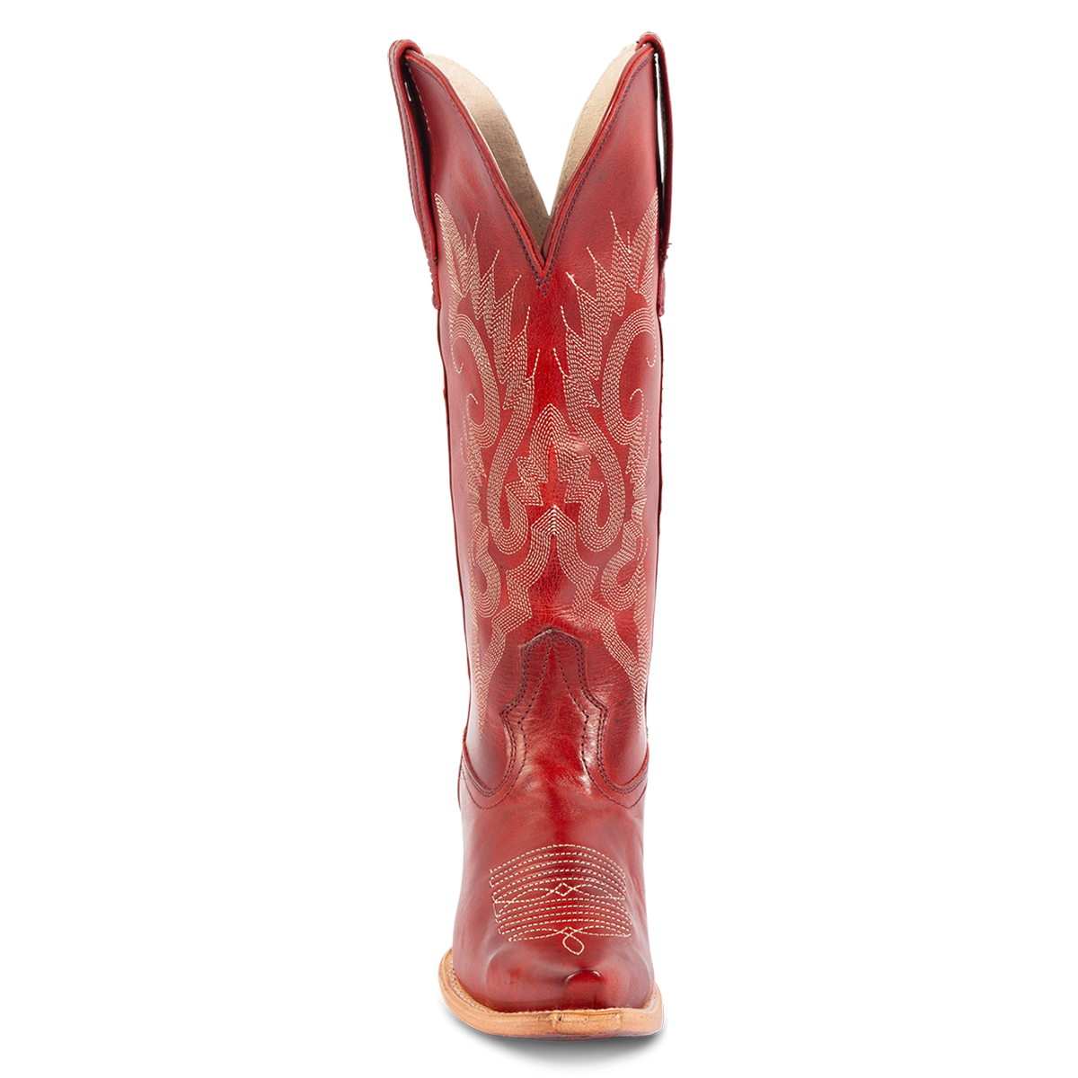 Front view showing western stitch detailing and front dip on FREEBIRD women's Woodland red multi boot
