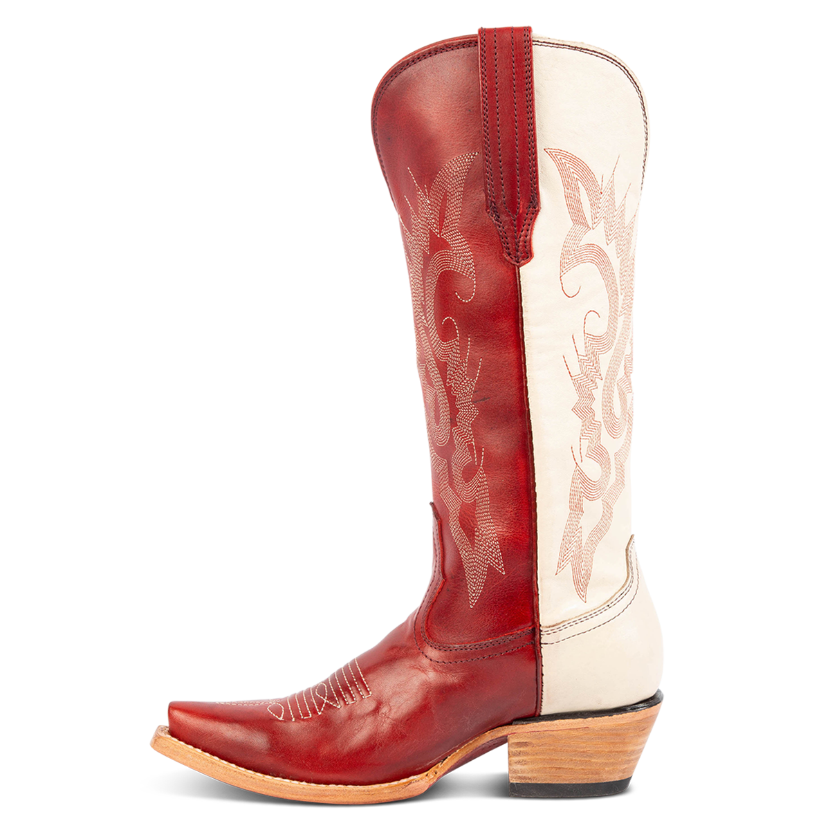 Side view showing leather pull straps and western stitch detailing on FREEBIRD women's Woodland red multi boot