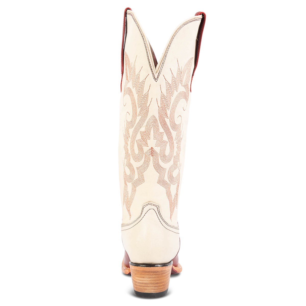 Back view showing back dip and leather heel with western stitch detailing on FREEBIRD women's Woodland red multi boot