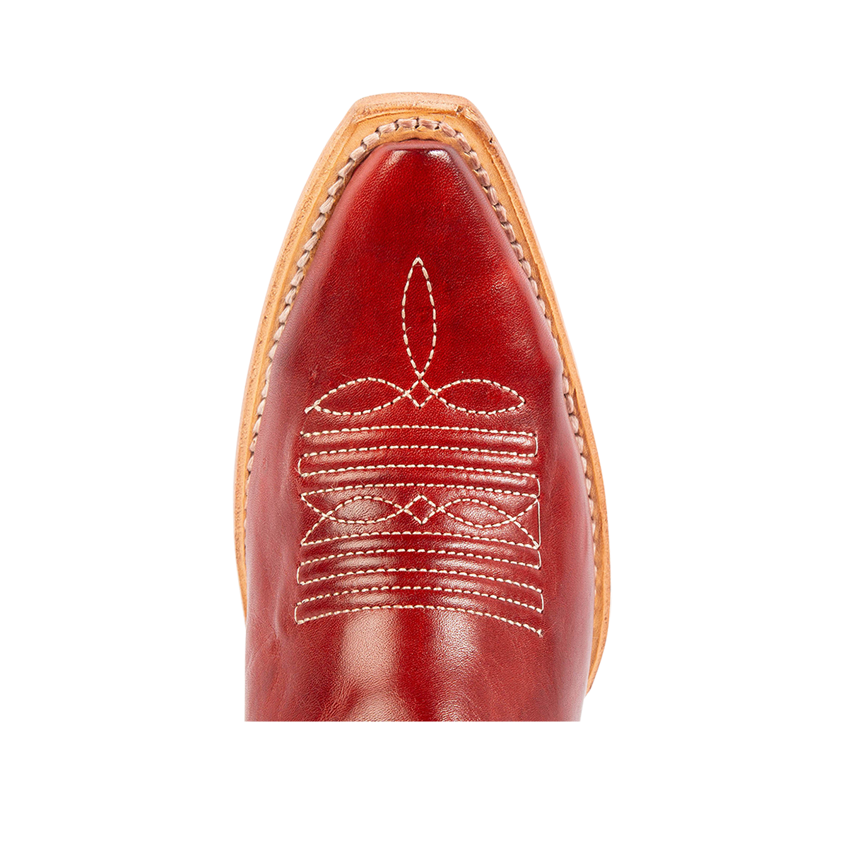 Top view showing snip toe construction with stitch detailing on FREEBIRD women's Woodland red multi boot