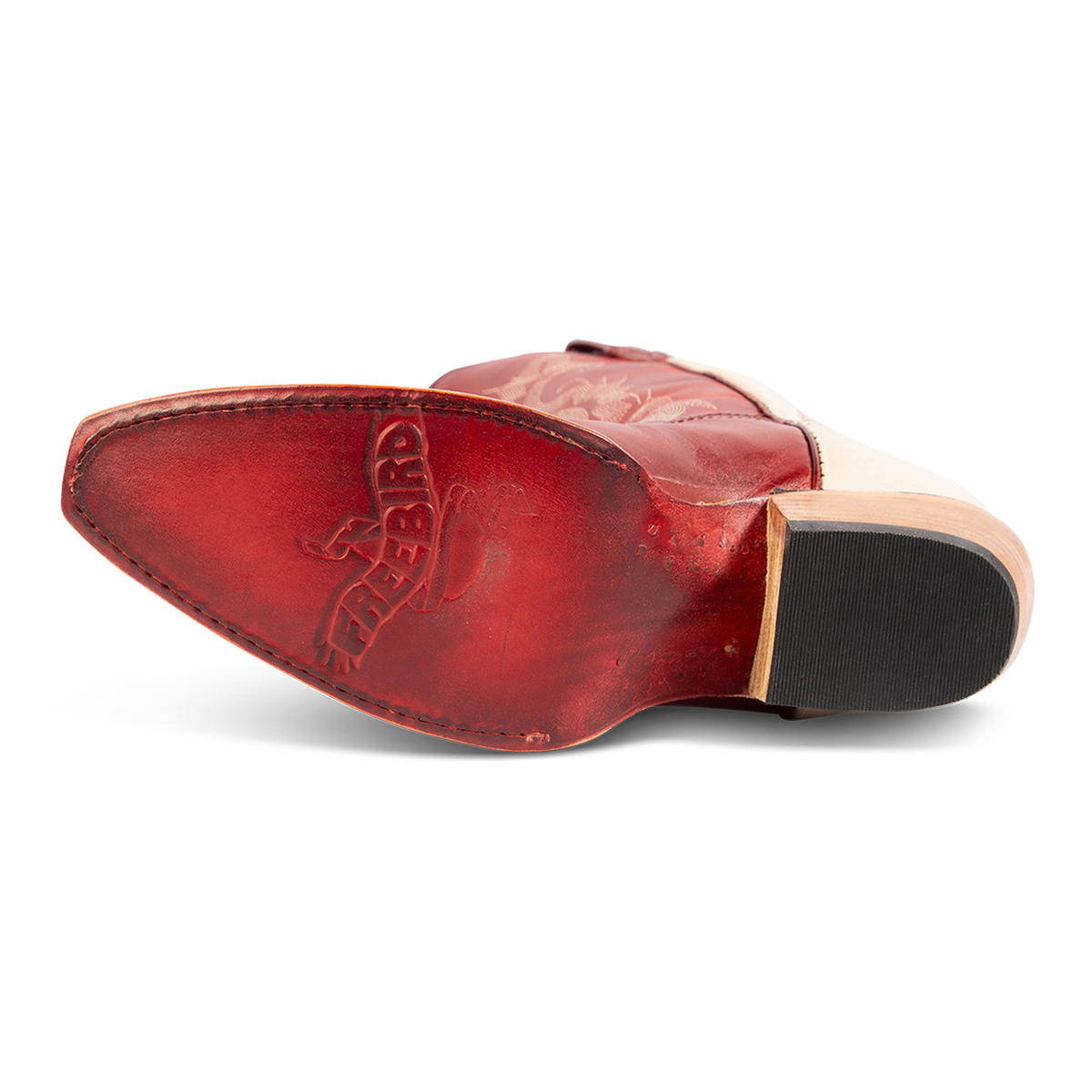 Leather sole imprinted with FREEBIRD on women's Woodland red multi boot