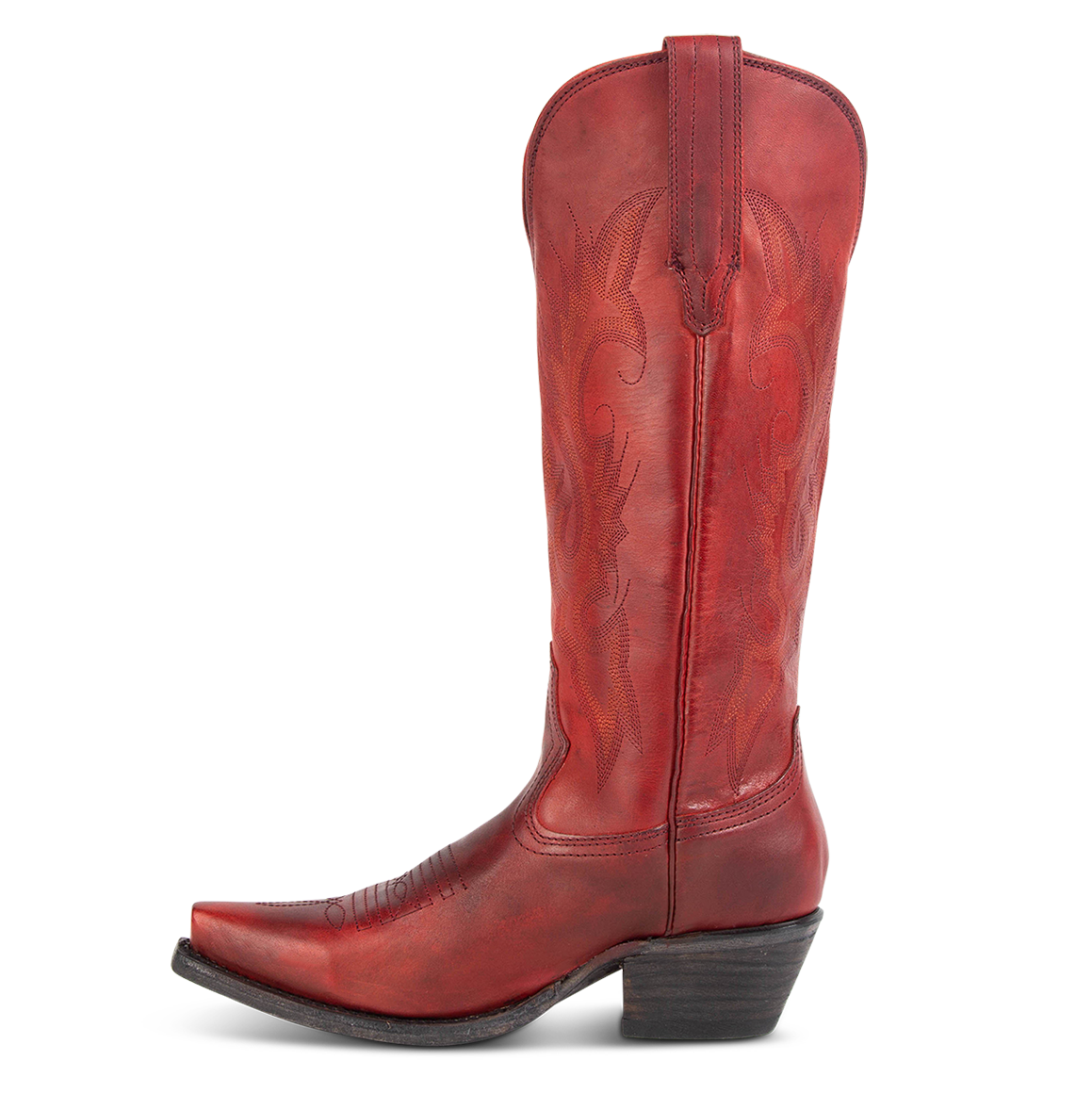 Side view showing leather pull straps and western stitch detailing on FREEBIRD women's Woodland red leather boot