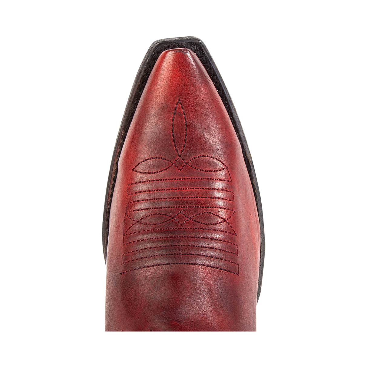 Top view showing snip toe construction with stitch detailing on FREEBIRD women's Woodland red leather boot