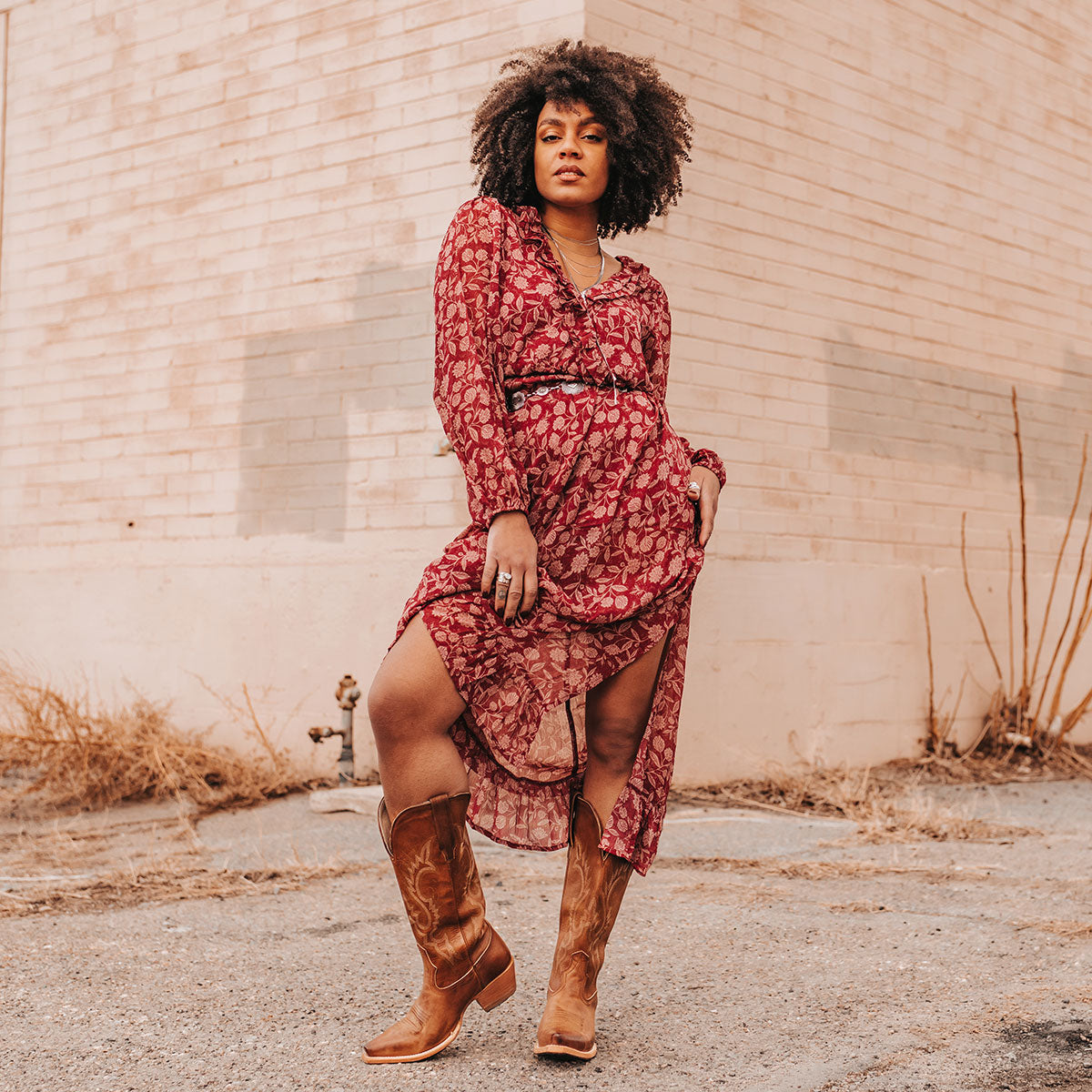 FREEBIRD women's Woodland tan leather cowboy boot with stitch detailing and snip toe construction lifestyle image