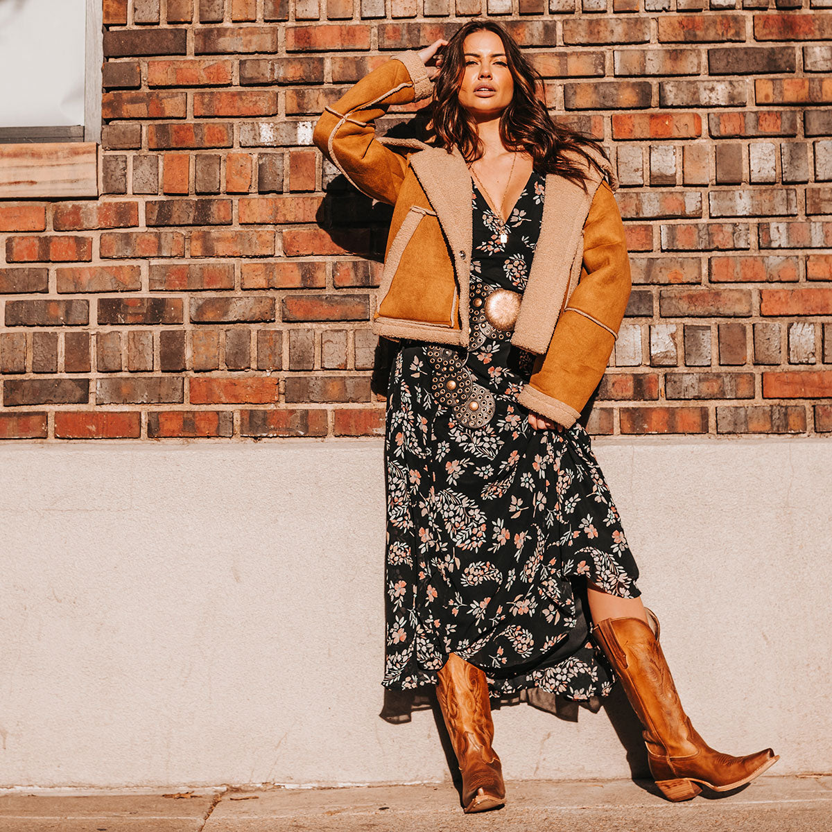 FREEBIRD women's Woodland tan leather cowboy boot with stitch detailing and snip toe construction lifestyle image