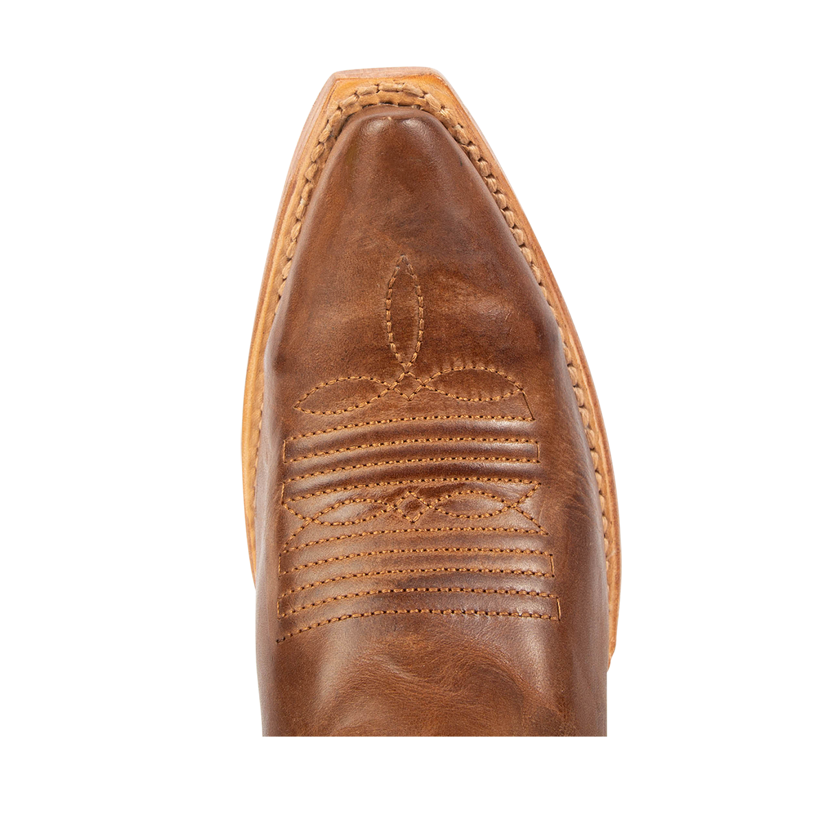 Top view showing snip toe construction with stitch detailing on FREEBIRD women's Woodland tan leather boot