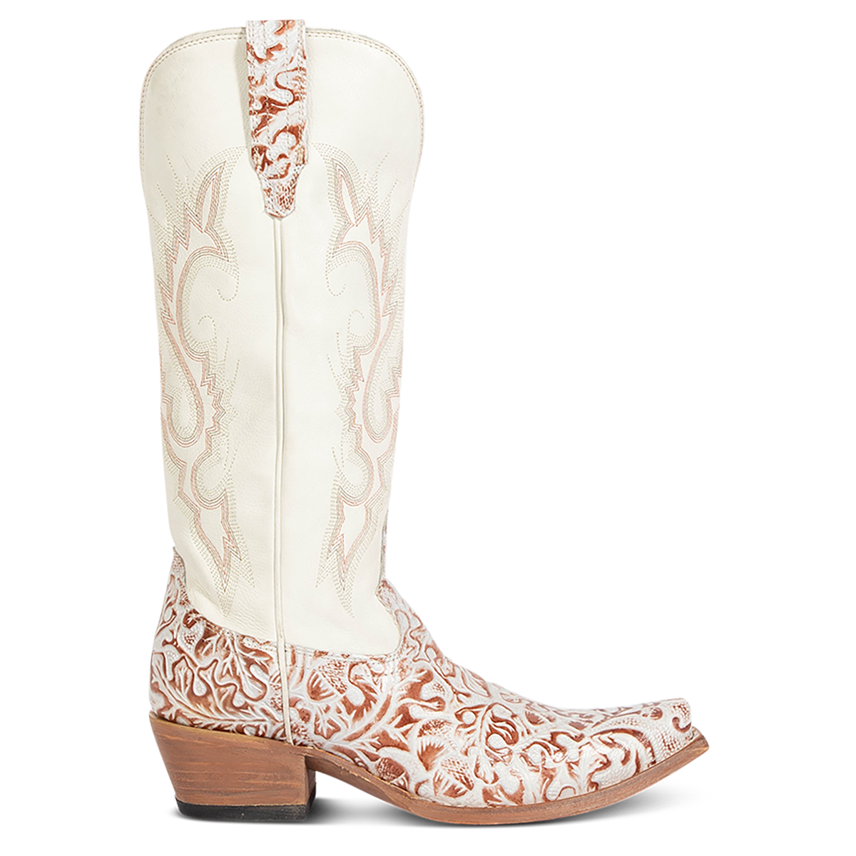 FREEBIRD women's WOODLAND white-multi tooled leather western boots featuring a snip toe, decorative stitching, and traditional pull straps