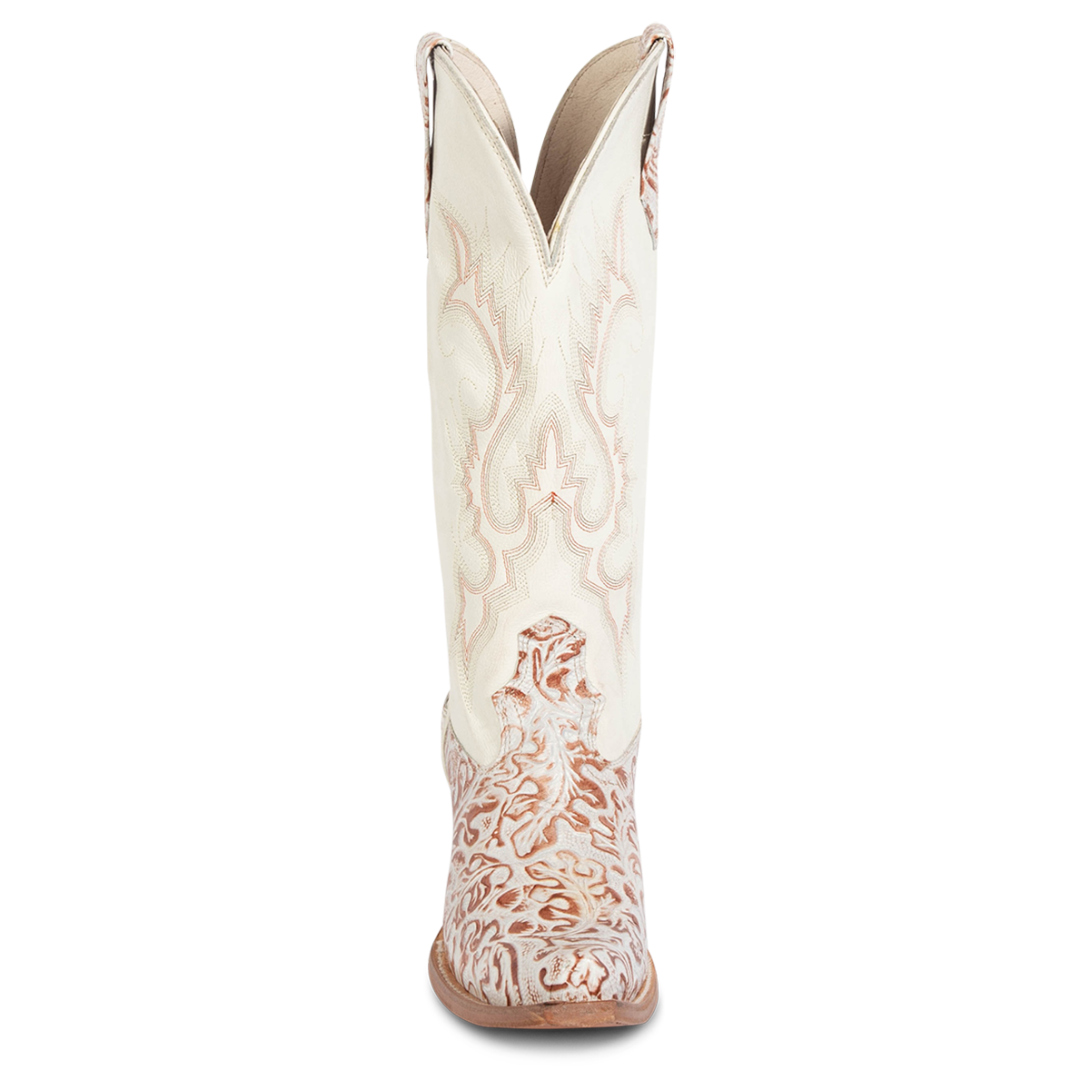 Front view showing FREEBIRD women's WOODLAND white-multi tooled leather western boots featuring a snip toe, decorative stitching, and traditional pull straps