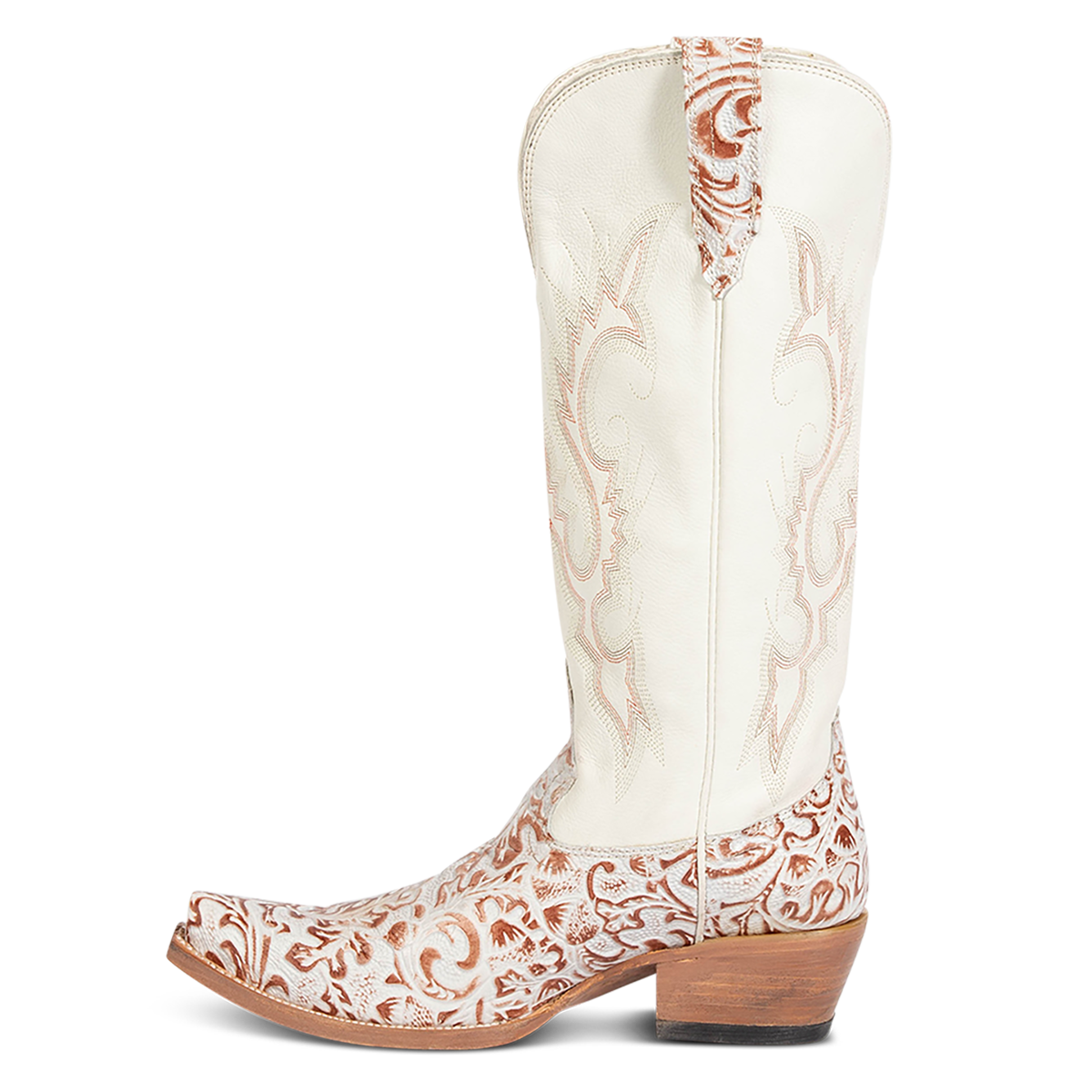 Side view showing FREEBIRD women's WOODLAND white-multi tooled leather western boots featuring a snip toe, decorative stitching, and traditional pull straps