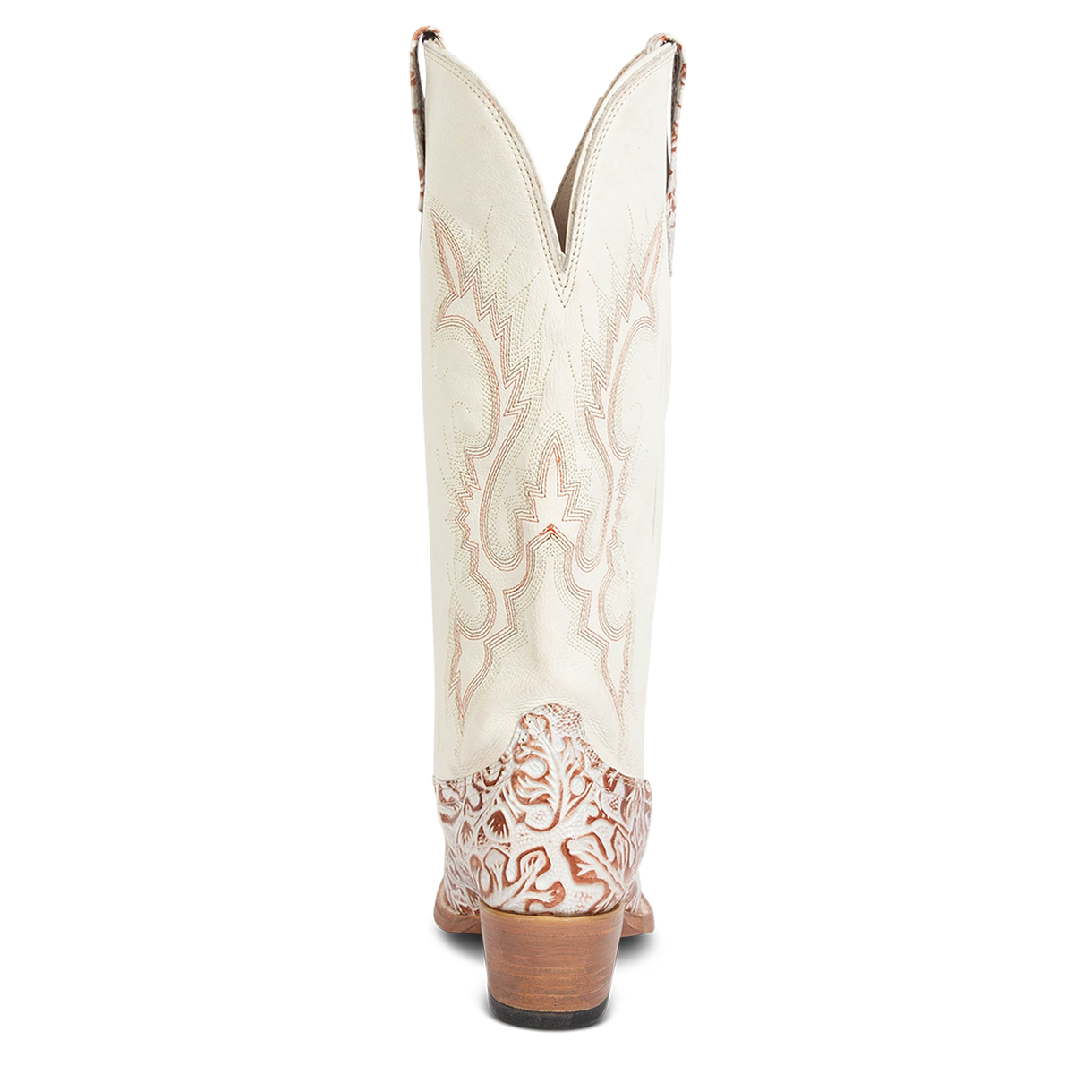 Back view showing FREEBIRD women's WOODLAND white-multi tooled leather western boots featuring a snip toe, decorative stitching, and traditional pull straps on a lifted heel