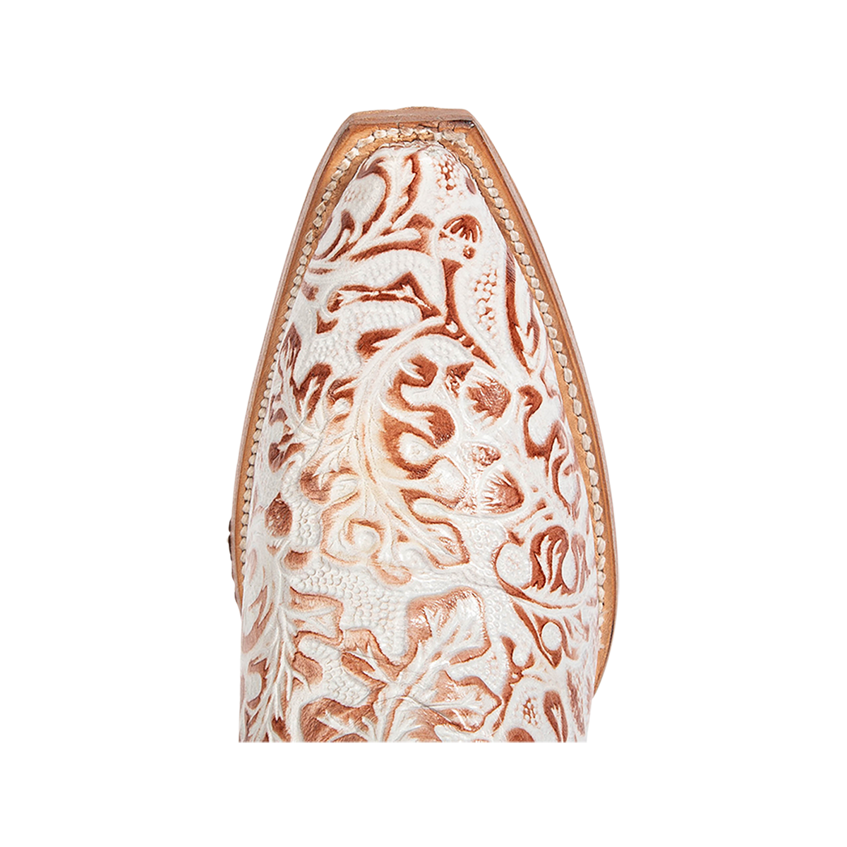Top view showing tooled leather detailing on FREEBIRD women's Woodland white multi leather Western boot