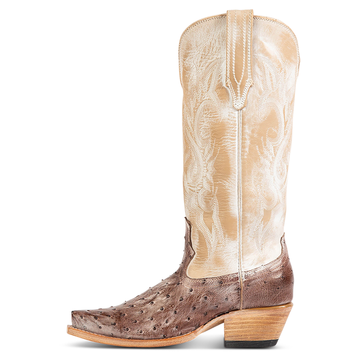 Side view showing leather pull straps and western stitch detailing on FREEBIRD women's Woodland wine ostrich leather boot