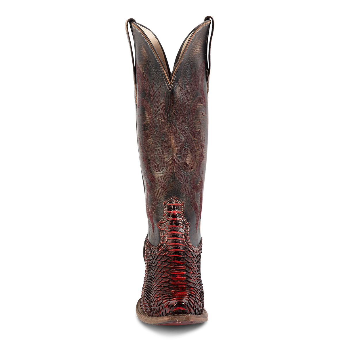 Front view showing western stitch detailing and front dip on FREEBIRD women's Woodland wine python multi leather boot