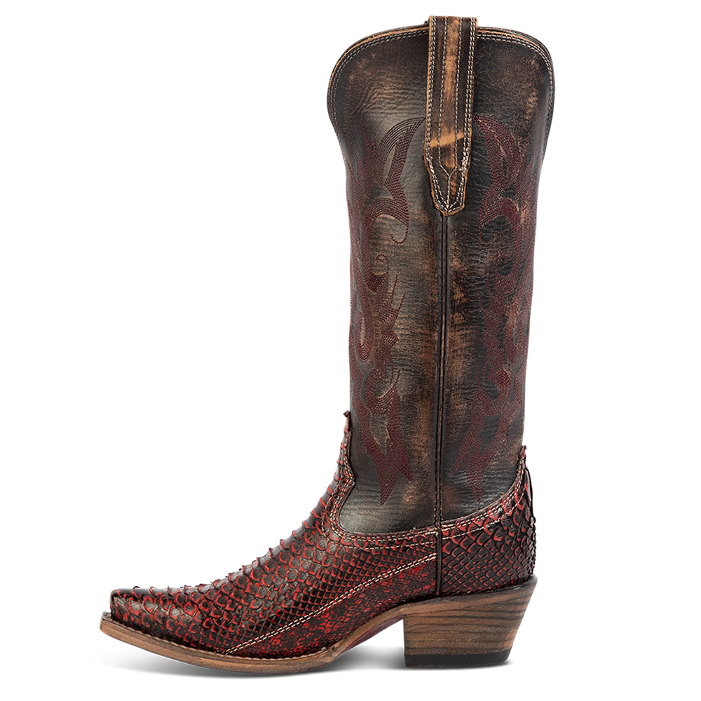 Side view showing leather pull straps and western stitch detailing on FREEBIRD women's Woodland wine python multi leather boot