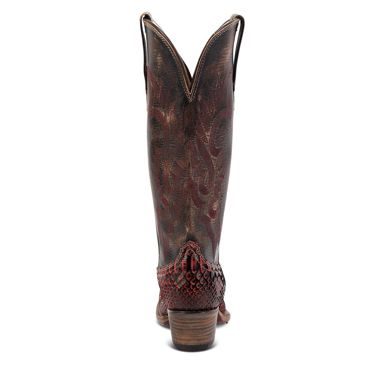Back view showing back dip and leather heel with western stitch detailing on FREEBIRD women's Woodland wine python multi leather boot
