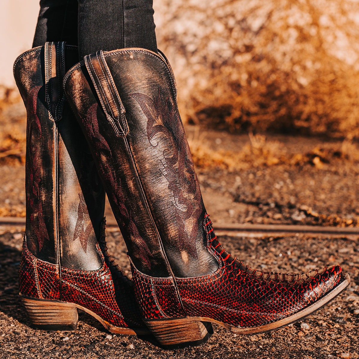 FREEBIRD women's Woodland wine python multi leather cowboy boot with stitch detailing and snip toe construction